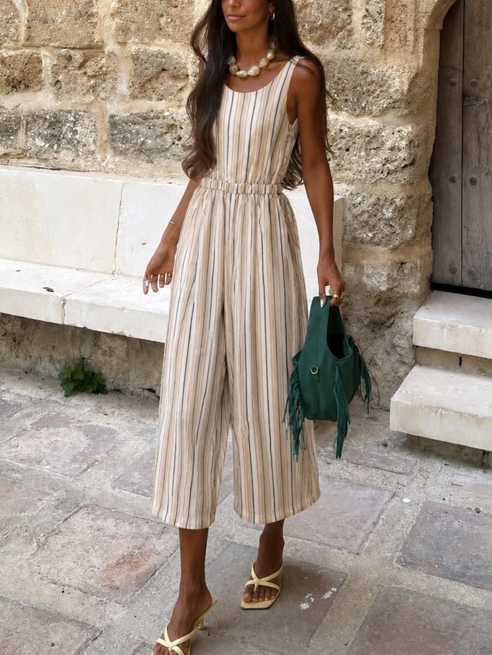 LOFT linen blend Striped Beige Wide-Leg Jumpsuit